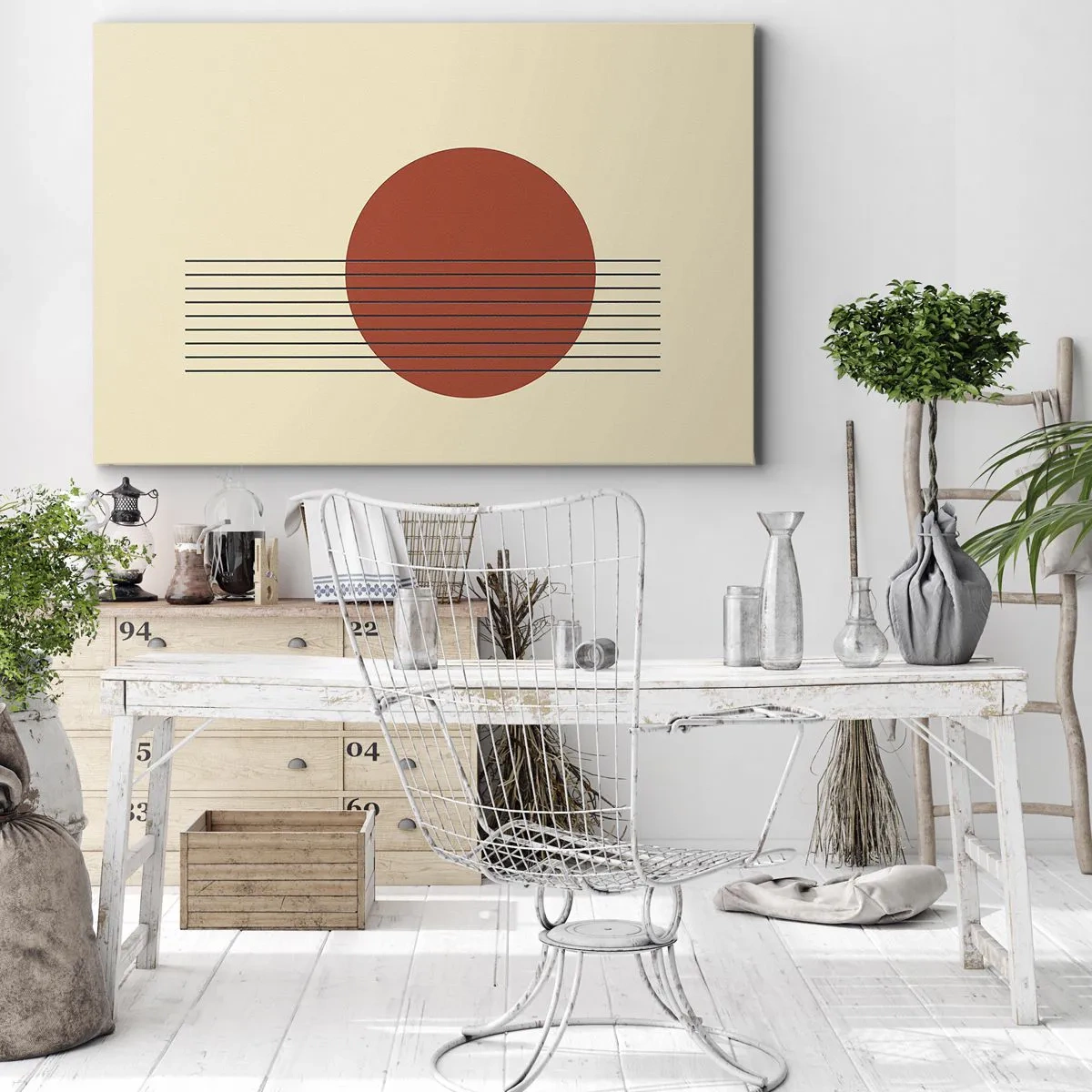 Impression sur toile - Image sur toile - Cercle rouge abstrait avec des lignes sur fond beige. - 70x50cm - Aux alentours et plus loin - Décoration murale moderne pour le salon et la chambre ARTTOR