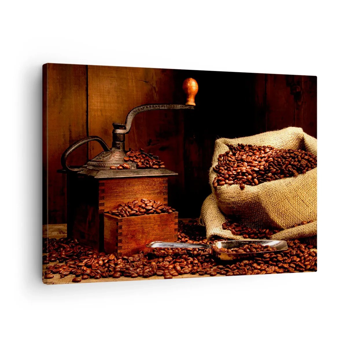 Impression sur toile - Image sur toile - Un vieux moulin à café avec des grains et un sac dans un style rustique. - 70x50cm - Nature morte avec grains de café et moulin - Décoration murale moderne pour le salon et la chambre ARTTOR