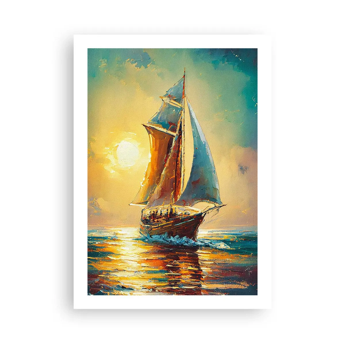 Affiche - Poster - Un voilier sur fond de coucher de soleil doré - 50x70cm - Toutes voiles dehors - Décoration murale moderne pour le salon et la chambre ARTTOR