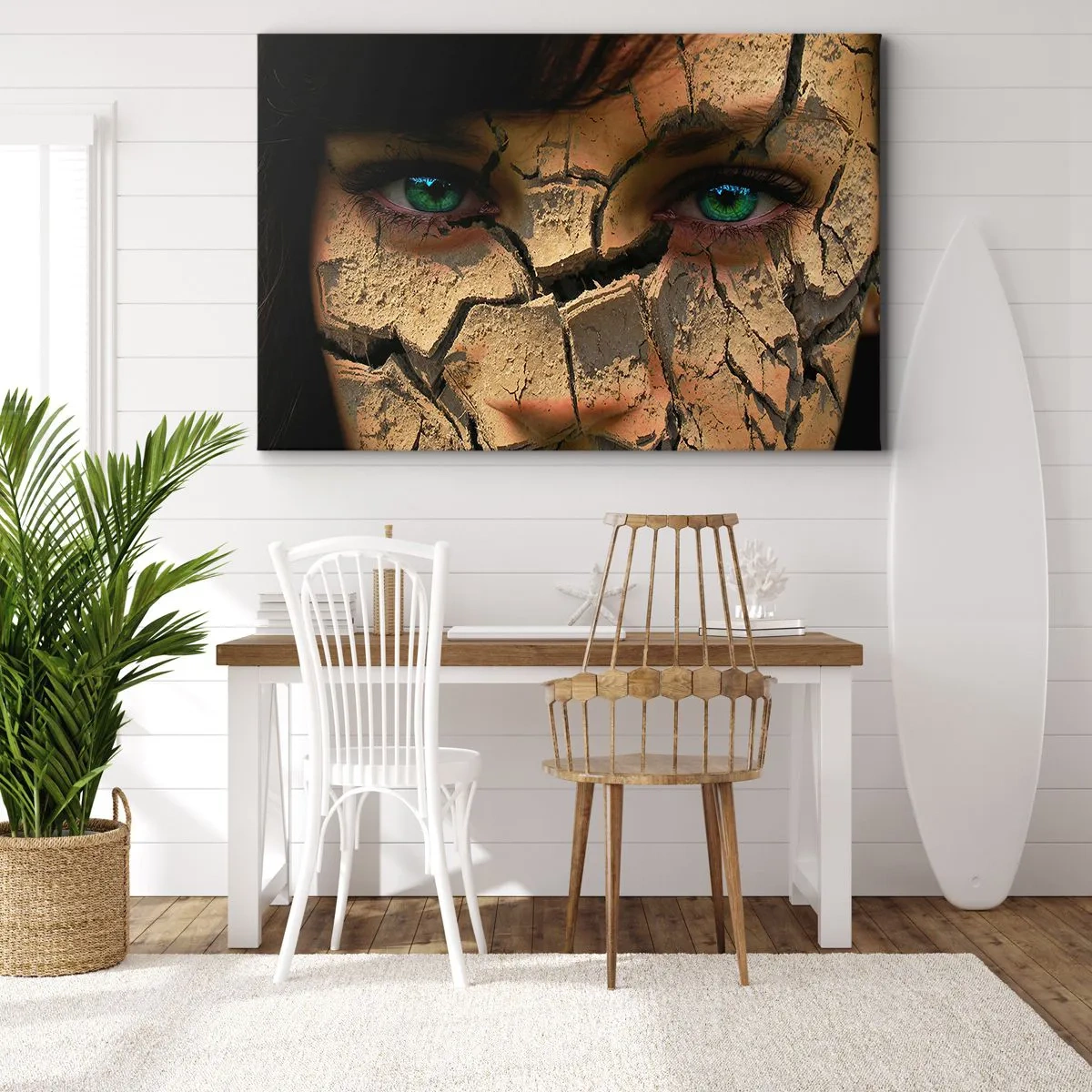Impression sur toile - Image sur toile - Le visage d'une femme aux yeux verts recouvert d'une structure de terre craquelée - 70x50cm - Plaisir et effroi en même temps - Décoration murale moderne pour le salon et la chambre ARTTOR