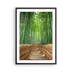 Affiche dans un cadre noir - Poster - Chemin à travers la forêt de bambous avec éclairage - 50x70cm - L'essence de la nature asiatique - Décoration murale moderne pour le salon et la chambre ARTTOR