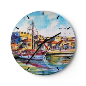 Horloge murale - Pendule murale - Une marina colorée avec des voiliers et des bâtiments de style méditerranéen - 30x30cm - Après-midi arc-en-ciel - Décoration murale moderne pour le salon, la cuisine et la chambre ARTTOR