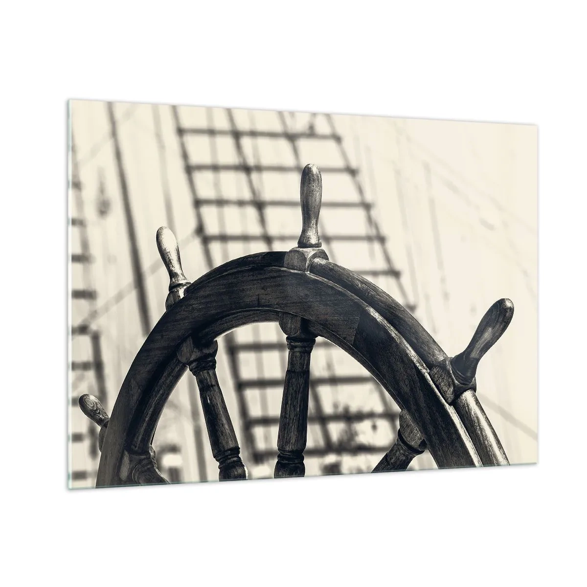 Impression sur verre - Image sur verre - Roue de navire nautique noire et blanche - 100x70cm - Histoires de mer - Décoration murale moderne pour le salon et la chambre ARTTOR