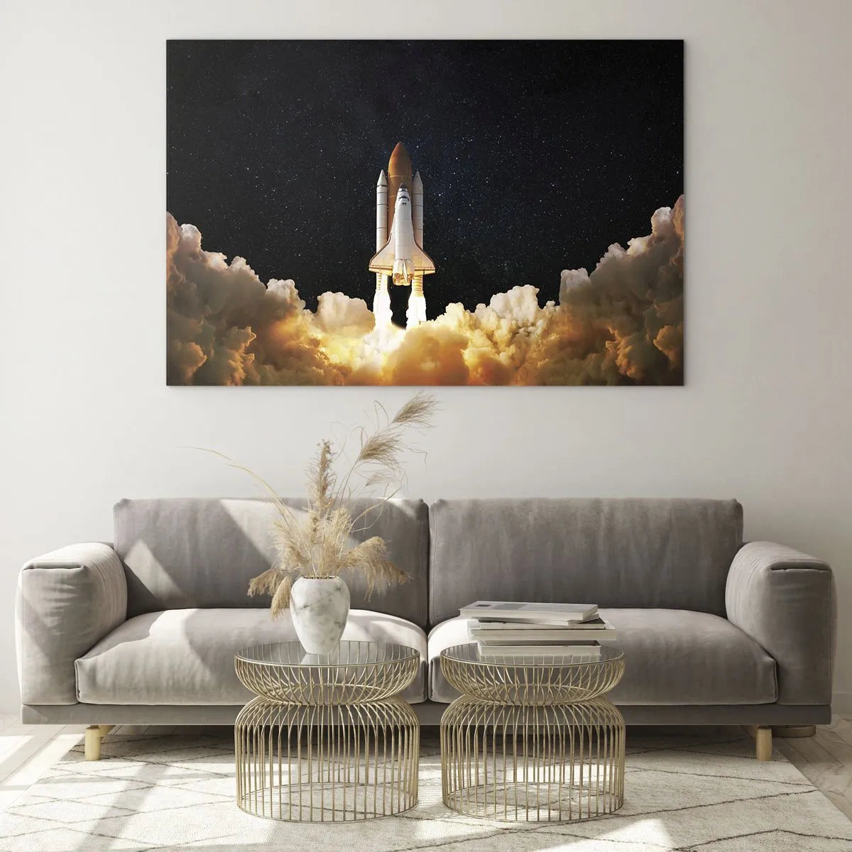Impression sur verre - Image sur verre - Une navette spatiale décollant sous un ciel étoilé - 70x50cm - Ad astra! - Décoration murale moderne pour le salon et la chambre ARTTOR
