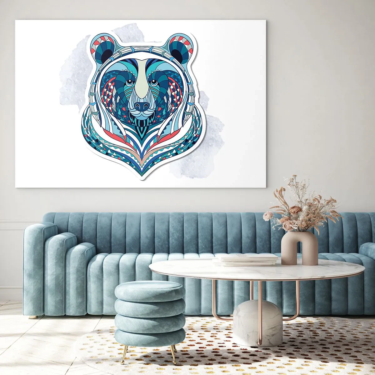 Impression sur verre - Image sur verre - Un portrait coloré et géométrique d'un ours en peluche - 100x70cm - Vive le Groenland ! - Décoration murale moderne pour le salon et la chambre ARTTOR
