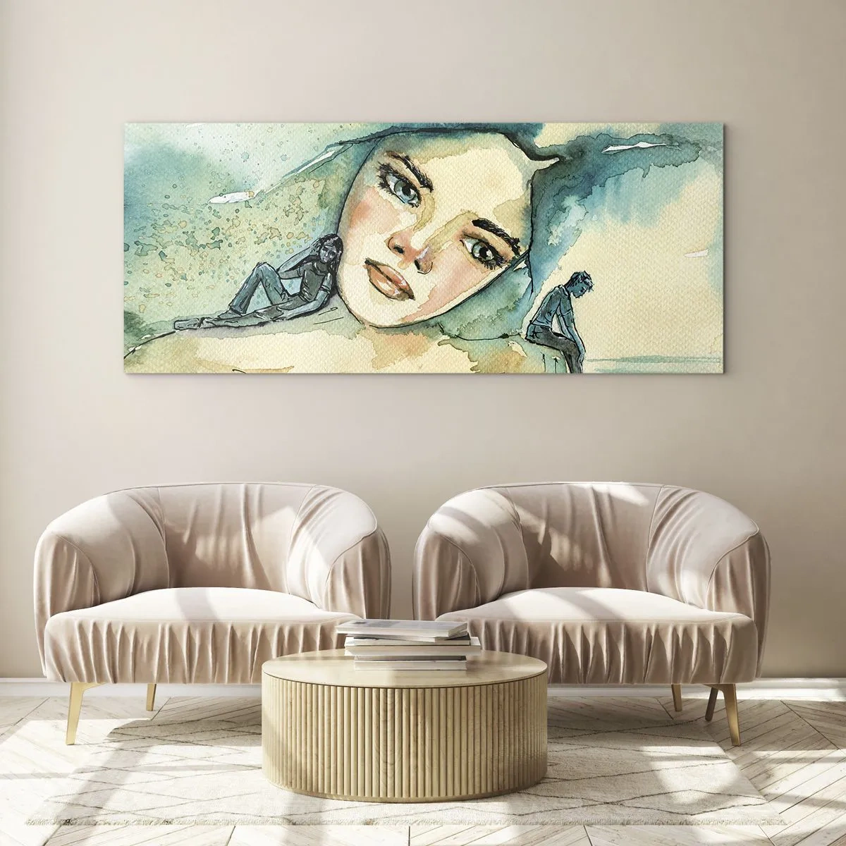 Impression sur verre - Image sur verre - Aquarelle d'un visage de femme avec un motif réfléchissant - 160x50cm - Suis-je bleu? - Décoration murale moderne pour le salon et la chambre ARTTOR
