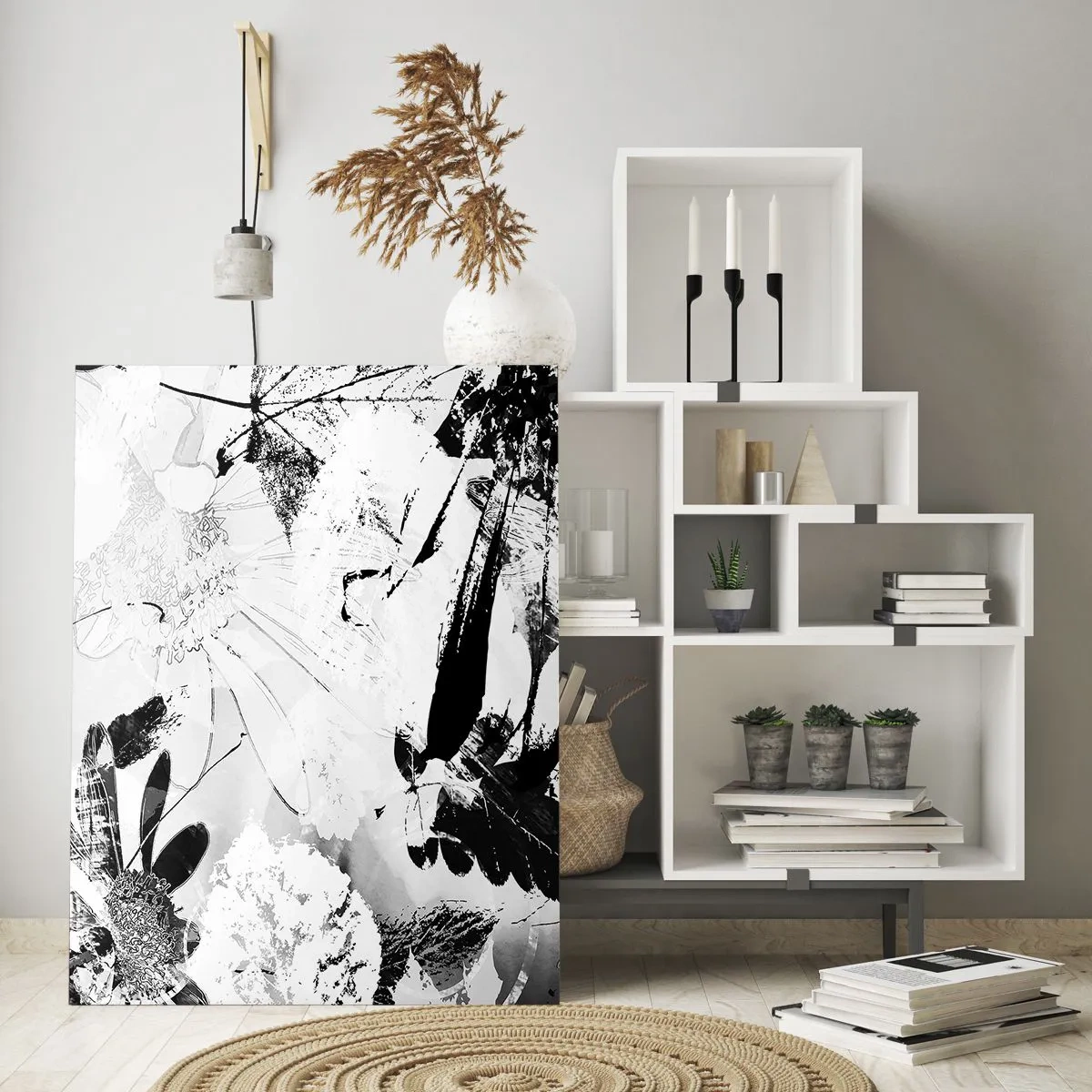 Impression sur verre - Image sur verre - Composition florale en noir et blanc dans un style artistique - 50x70cm - Automne en négatif - Décoration murale moderne pour le salon et la chambre ARTTOR