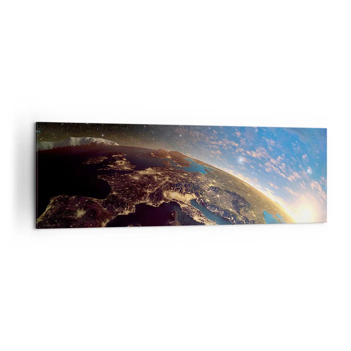 Impression sur toile - Image sur toile - Vue de la Terre depuis l'espace au lever du soleil - 160x50cm - Regardons-nous de loin - Décoration murale moderne pour le salon et la chambre ARTTOR