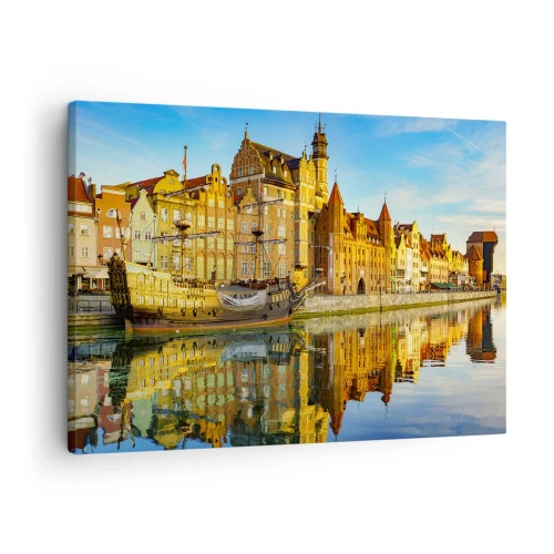 Impression sur toile - Image sur toile - Une vue pittoresque de la vieille ville avec un voilier et de l'eau - 70x50cm - Reflet dans le miroir du passé - Décoration murale moderne pour le salon et la chambre ARTTOR