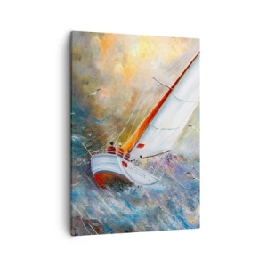 Impression sur toile - Image sur toile - Voiliers sur des vagues agitées dans une composition dynamique - 50x70cm - Concourir sur les vagues - Décoration murale moderne pour le salon et la chambre ARTTOR