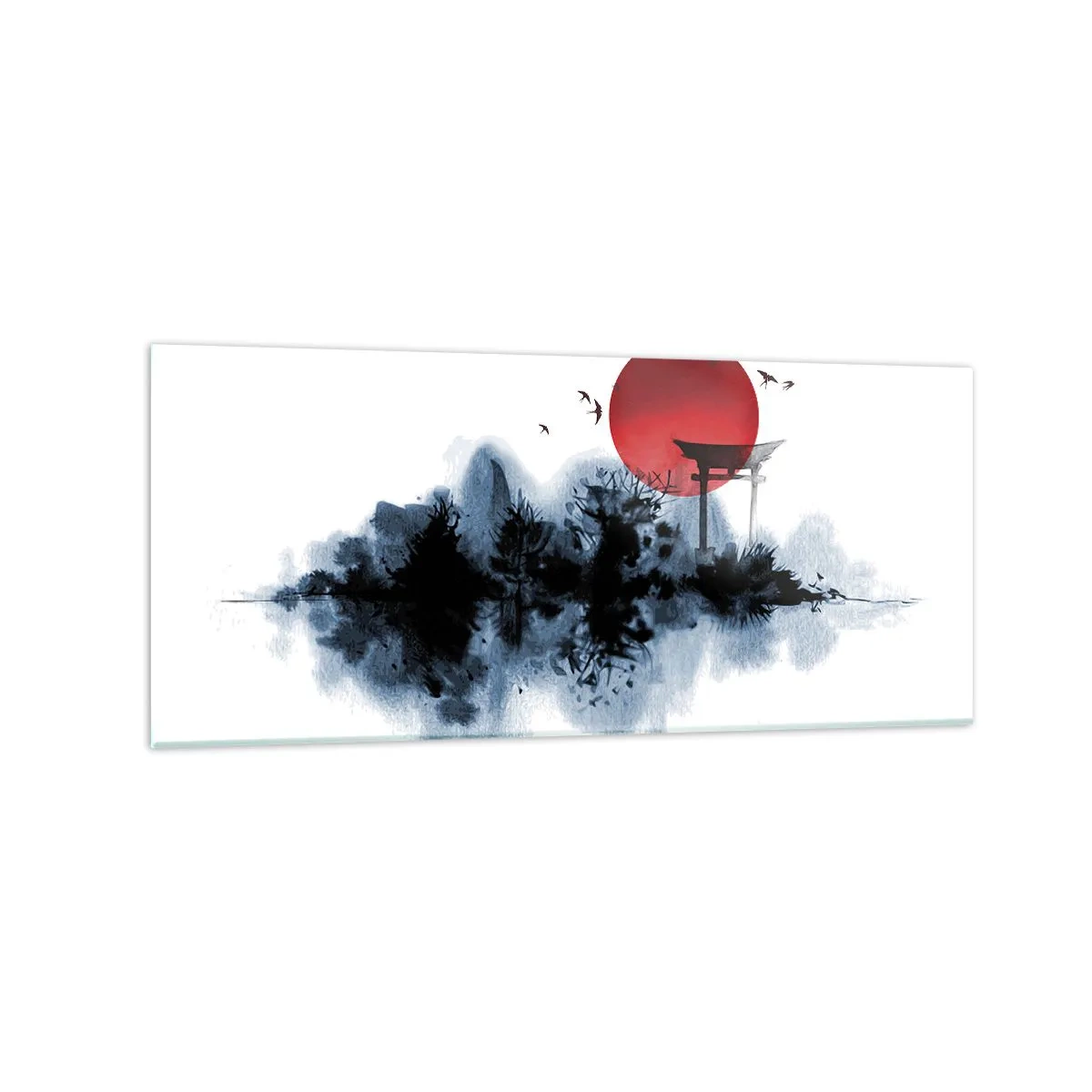 Impression sur verre - Image sur verre - Soleil rouge sur un paysage pittoresque avec torii - 120x50cm - Vue japonnaise - Décoration murale moderne pour le salon et la chambre ARTTOR
