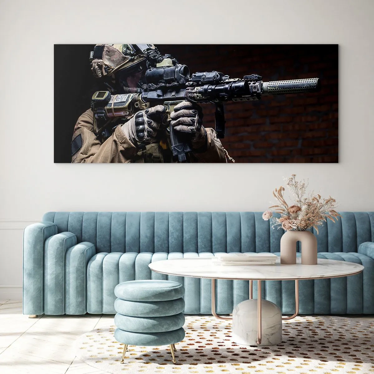 Impression sur verre - Image sur verre - Un soldat en équipement complet avec un fusil - 140x50cm - Meurtrier efficace - Décoration murale moderne pour le salon et la chambre ARTTOR