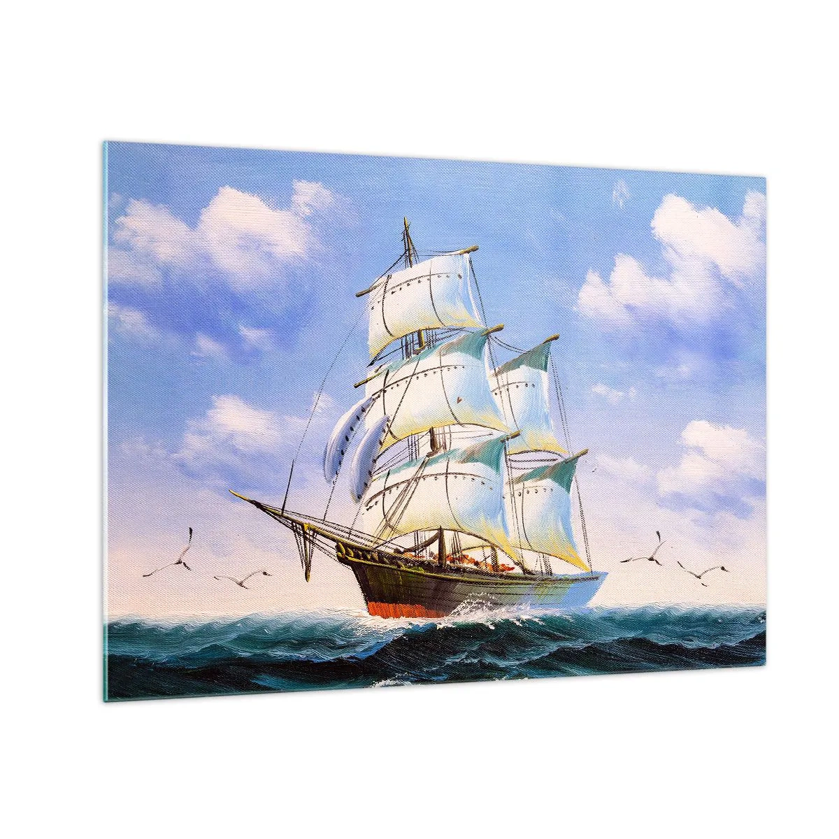 Impression sur verre - Image sur verre - Un voilier en haute mer sous un ciel bleu - 70x50cm - Fièrement avec le vent - Décoration murale moderne pour le salon et la chambre ARTTOR