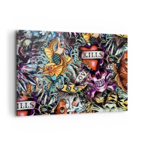 Impression sur toile - Image sur toile - Œuvre d'art colorée de style tatouage avec des crânes et des motifs nautiques - 100x70cm - Le rêve du tatoueur - Décoration murale moderne pour le salon et la chambre ARTTOR