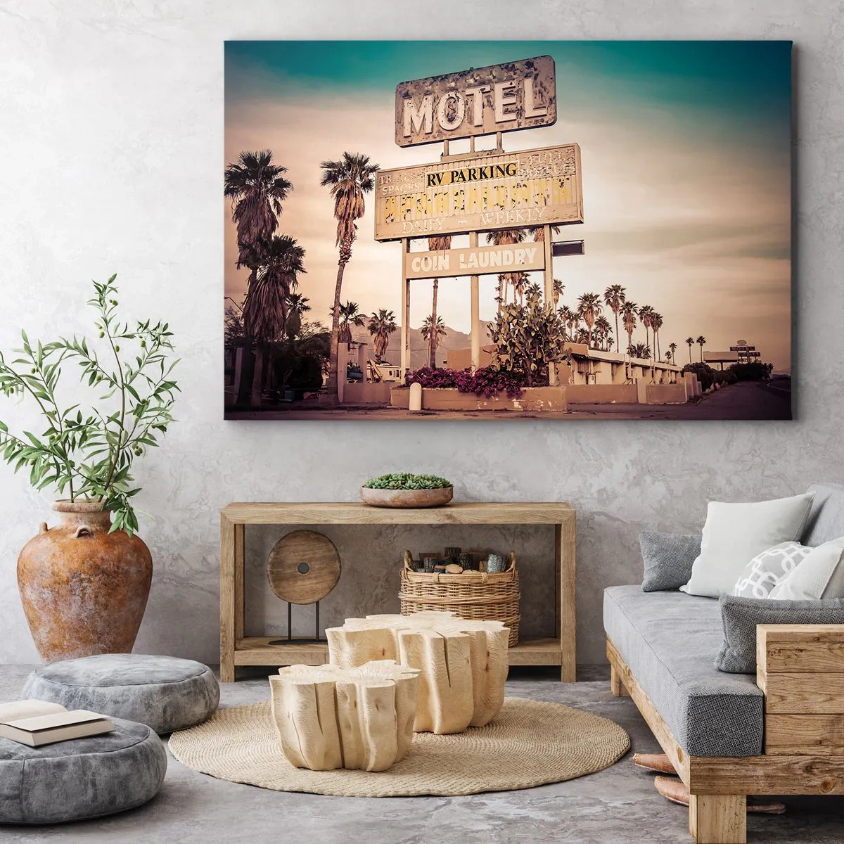 Impression sur toile - Image sur toile - Panneau de motel rétro entouré de palmiers - 120x80cm - Ici, le temps s'est arrêté - Décoration murale moderne pour le salon et la chambre ARTTOR