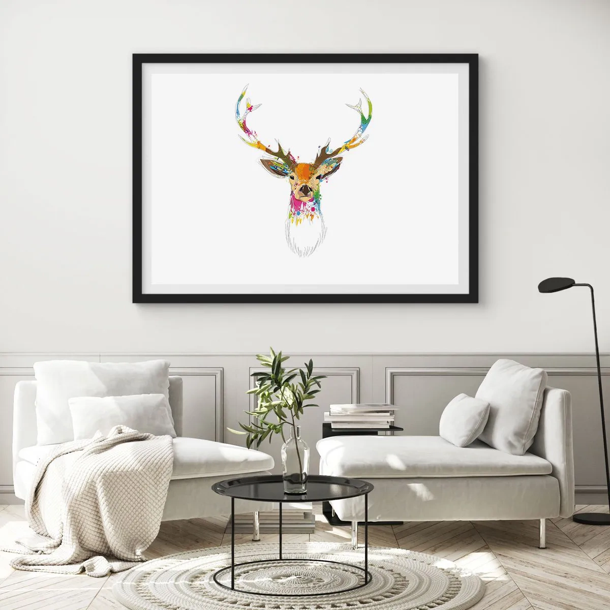 Affiche dans un cadre noir - Poster - Un cerf doux baigné de couleur - 40x30 cm