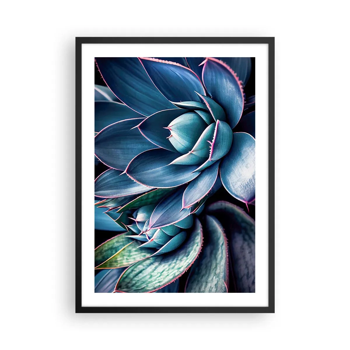 Affiche dans un cadre noir - Poster - Agave dans les tons de bleu et de vert - 50x70cm - Force vital - Décoration murale moderne pour le salon et la chambre ARTTOR