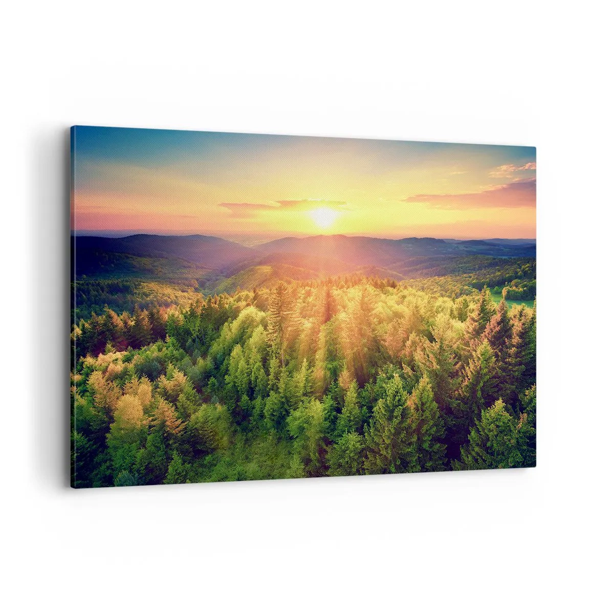 Impression sur toile - Image sur toile - Paysage forestier avec coucher de soleil sur les collines - 100x70cm - Monts et sommets - Décoration murale moderne pour le salon et la chambre ARTTOR