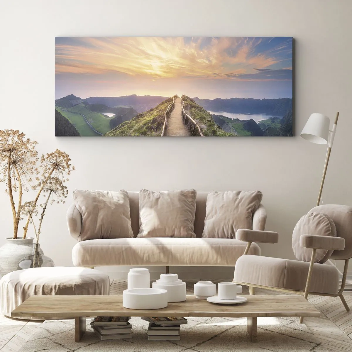 Impression sur toile - Image sur toile - Un sentier pittoresque sur une colline avec vue sur le coucher de soleil - 120x50cm - Proche du ciel - Décoration murale moderne pour le salon et la chambre ARTTOR