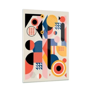 Impression sur verre - Image sur verre - Abstraction géométrique colorée avec des cercles et des triangles - 50x70cm - Composition : jouer - Décoration murale moderne pour le salon et la chambre ARTTOR
