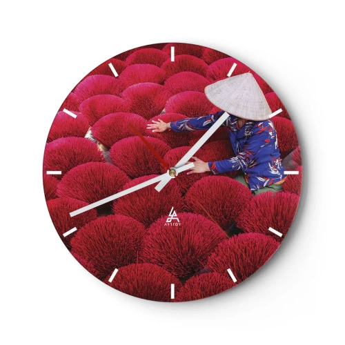 Horloge murale - Pendule murale - Séchage de bâtons d'encens rouges dans un champ traditionnel - 30x30cm - Dans un champ de riz - Décoration murale moderne pour le salon, la cuisine et la chambre ARTTOR