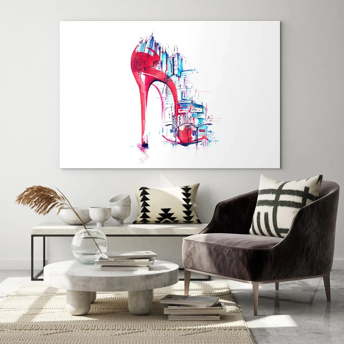 Impression sur verre - Image sur verre - Stiletto rouge avec un motif d'architecture urbaine - 70x50cm - L'élégance des grandes villes - Décoration murale moderne pour le salon et la chambre ARTTOR