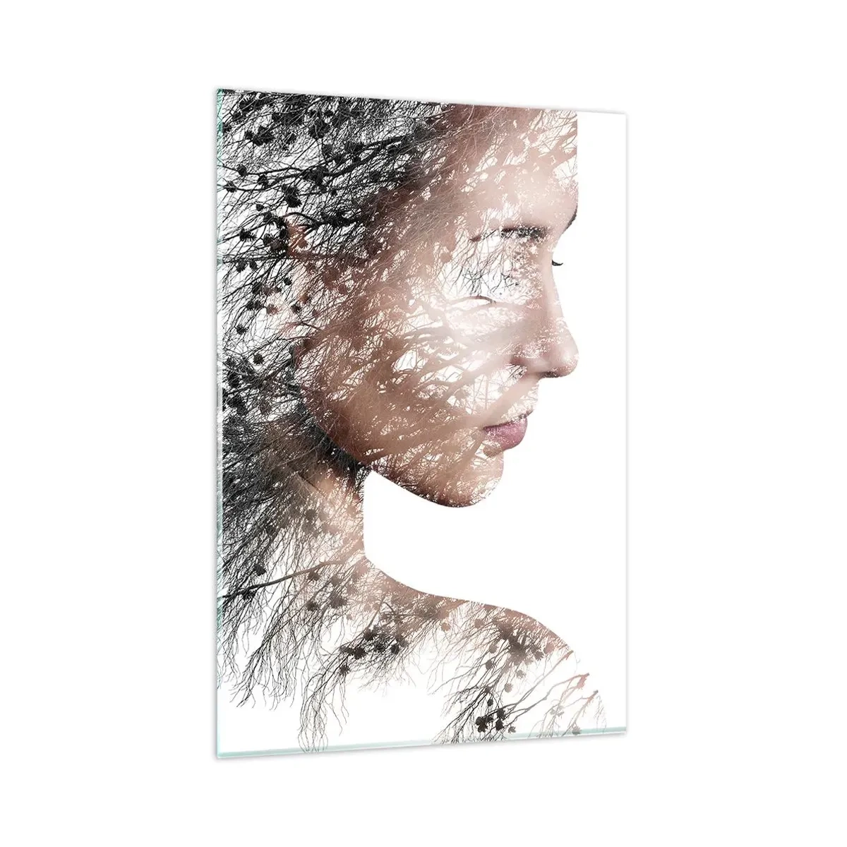 Impression sur verre - Image sur verre - Silhouette d'une femme avec un motif de branche et d'oiseau en arrière-plan - 80x120cm - L'âme de la forêt - Décoration murale moderne pour le salon et la chambre ARTTOR