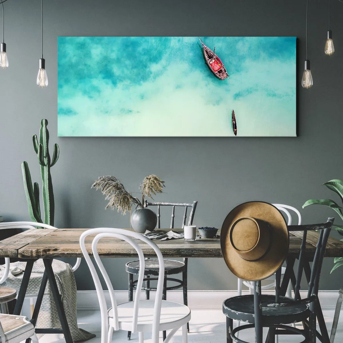 Impression sur toile - Image sur toile - Bateaux sur l'eau turquoise vus à vol d'oiseau - 160x50cm - Car sur les plages de Zanzibar, quand il y a un débordement d'eau... - Décoration murale moderne pour le salon et la chambre ARTTOR
