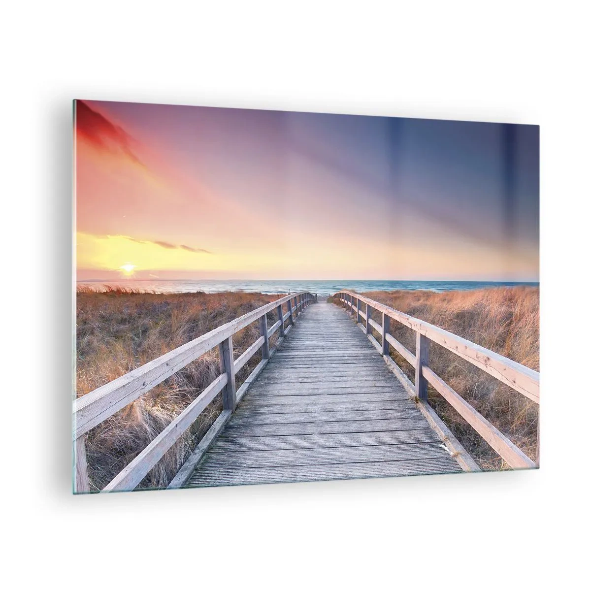 Impression sur verre - Image sur verre - Jetée en bois menant à la plage au coucher du soleil - 70x50cm - Aurore baltique du soir - Décoration murale moderne pour le salon et la chambre ARTTOR