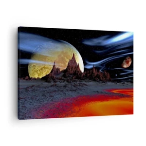 Impression sur toile - Image sur toile - Un paysage fantastique avec des planètes et des paysages volcaniques - 70x50cm - Monde inconnu - Décoration murale moderne pour le salon et la chambre ARTTOR