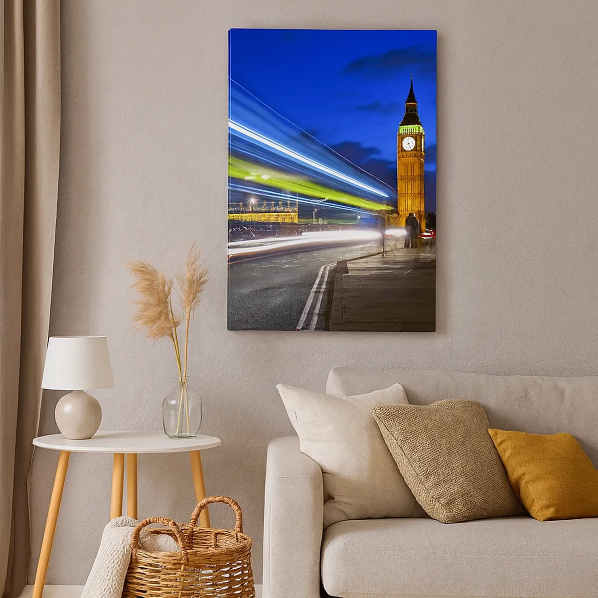Impression sur toile - Image sur toile - Big Ben la nuit avec l'effet des lumières dans la circulation routière - 50x70cm - Sous l'œil de Big Ben - Décoration murale moderne pour le salon et la chambre ARTTOR
