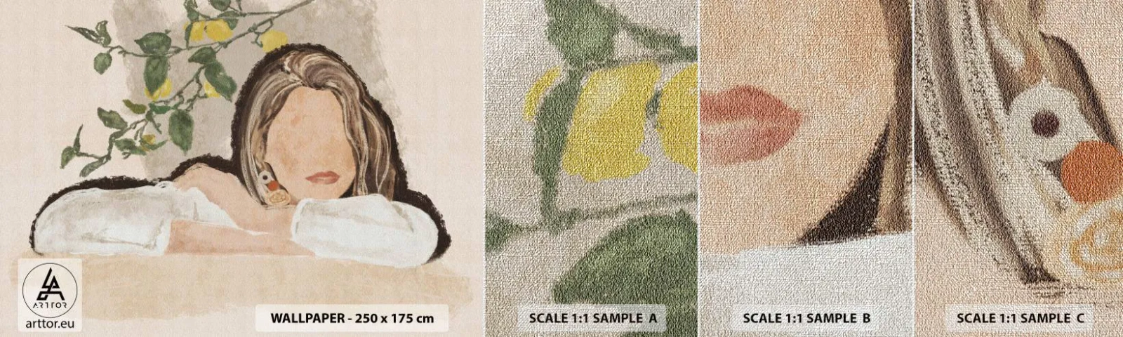 Échantillon de Papier Peint Premium Canvas - La beauté du sud - Femme, Citrons, Minimalisme - 100x30 cm