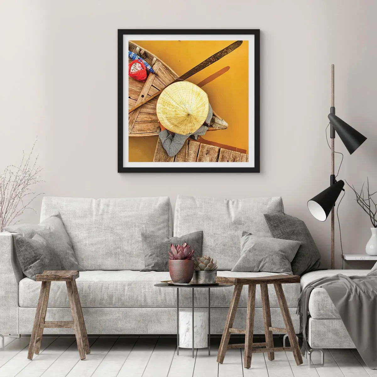 Affiche dans un cadre noir - Poster - La vie sur le fleuve Jaune - 30x30 cm