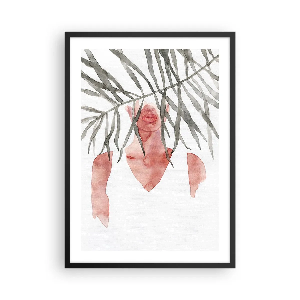Affiche dans un cadre noir - Poster - Silhouette aquarelle d'une femme cachée derrière des feuilles - 50x70cm - Dame des tropiques - Décoration murale moderne pour le salon et la chambre ARTTOR