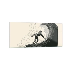 Impression sur verre - Image sur verre - Graphique en noir et blanc d'un surfeur sur une vague - 120x50cm - Le roi de la vague - Décoration murale moderne pour le salon et la chambre ARTTOR