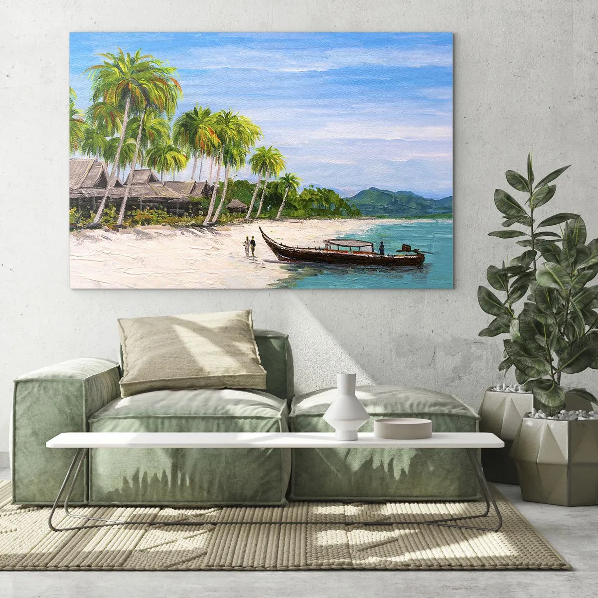 Impression sur verre - Image sur verre - Plage tropicale avec un bateau et des palmiers à côté de huttes traditionnelles - 120x80cm - Rêve exotique - Décoration murale moderne pour le salon et la chambre ARTTOR