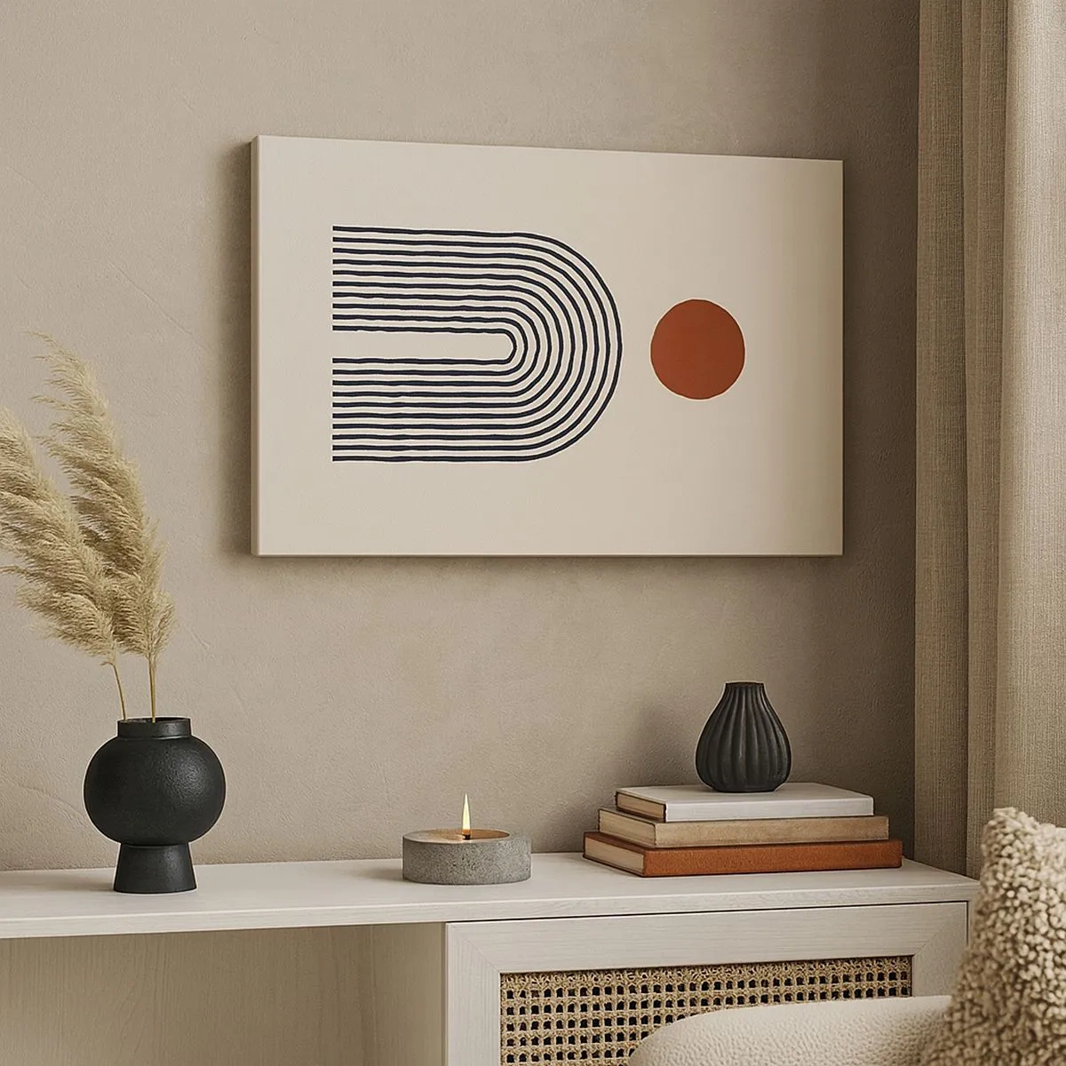 Impression sur toile - Image sur toile - Motif abstrait moderne avec des lignes et un cercle rouge - 70x50cm - Le magnétisme des formes et des couleurs - Décoration murale moderne pour le salon et la chambre ARTTOR