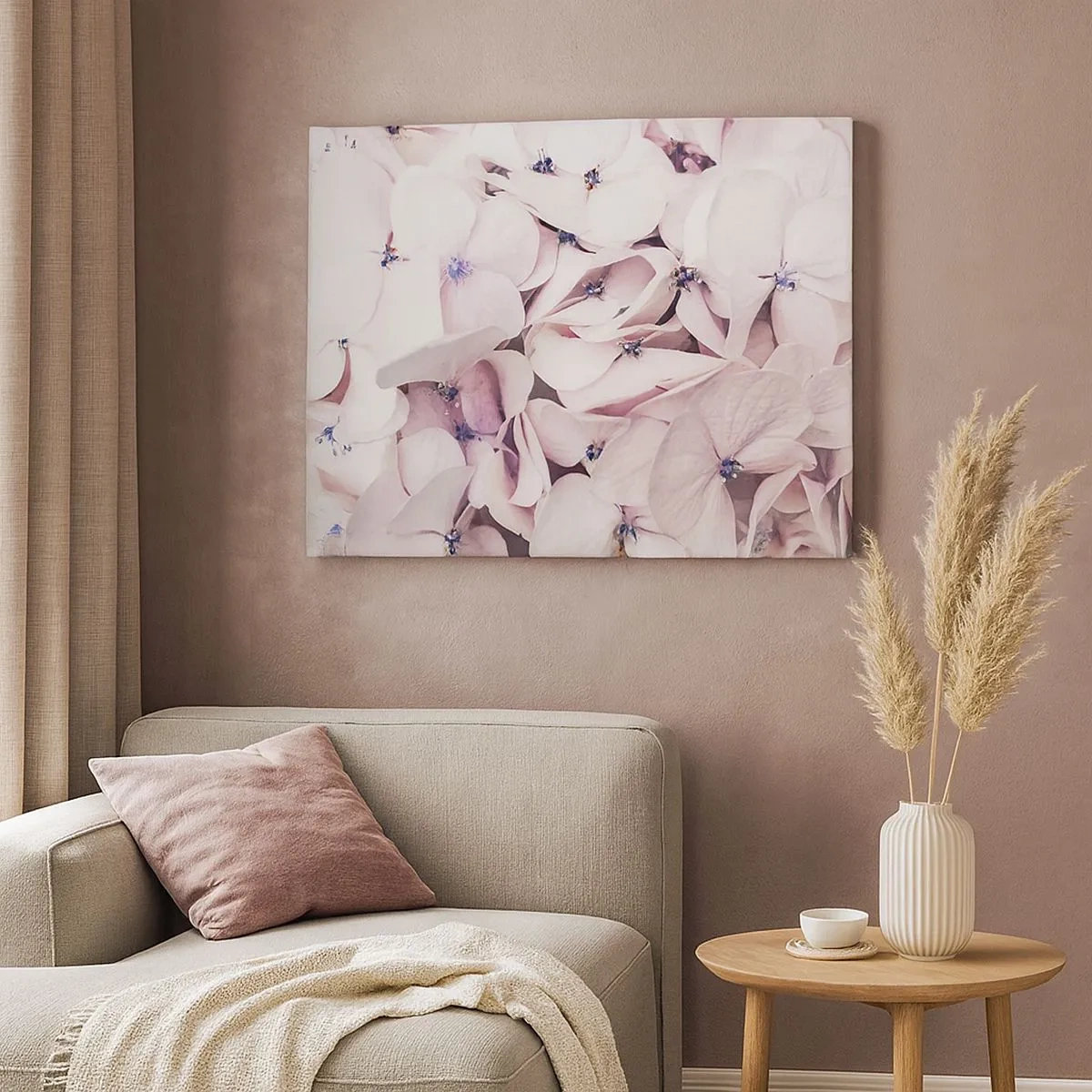Impression sur toile - Image sur toile - Hortensias blancs délicats aux tons pastel - 70x50cm - Dans un flot de fleurs - Décoration murale moderne pour le salon et la chambre ARTTOR