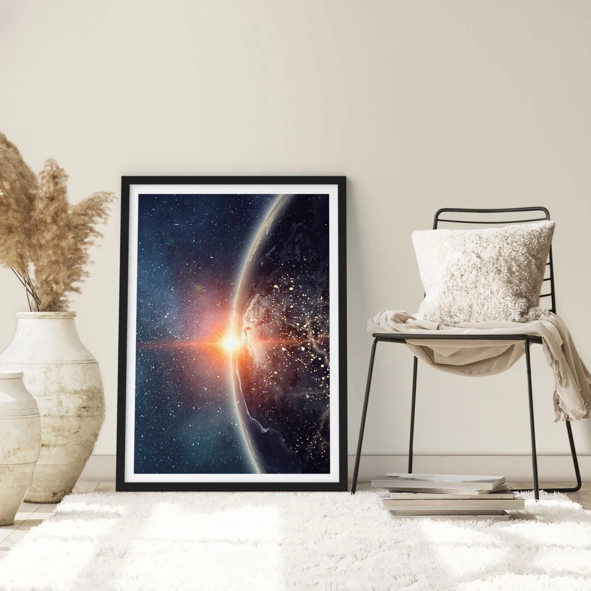 Affiche dans un cadre noir - Poster - La Terre vue de l'espace illuminée par le soleil levant - 50x70cm - Dans une nouvelle perspective - Décoration murale moderne pour le salon et la chambre ARTTOR
