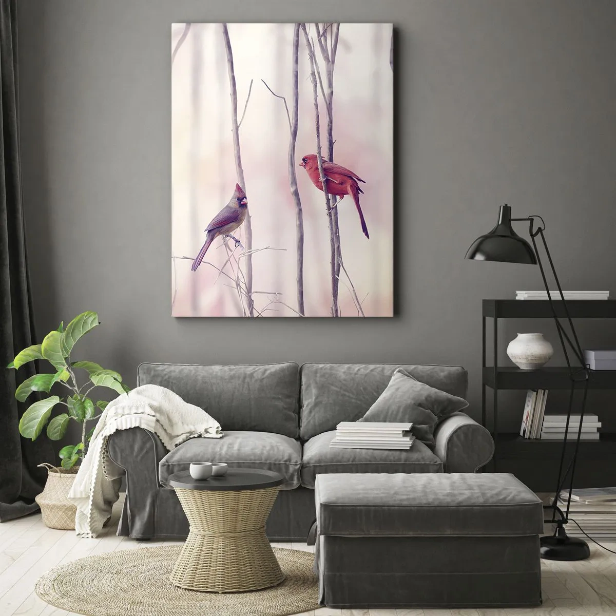 Impression sur toile - Image sur toile - Un couple de cardinaux perchés sur des branches dans un paysage pastel - 50x70cm - Conte de la forêt rose - Décoration murale moderne pour le salon et la chambre ARTTOR