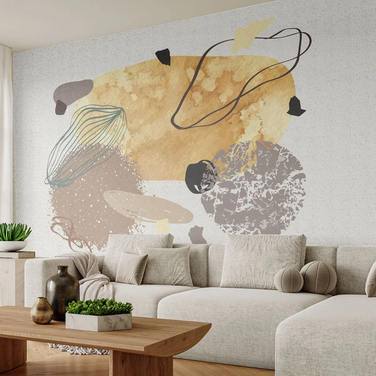 Papier Peint Photo Standard Eco - Abstraction beige et marron avec des formes organiques - 100x70cm - Plumcologie appliquée - Décoration murale moderne pour le salon et la chambre ARTTOR