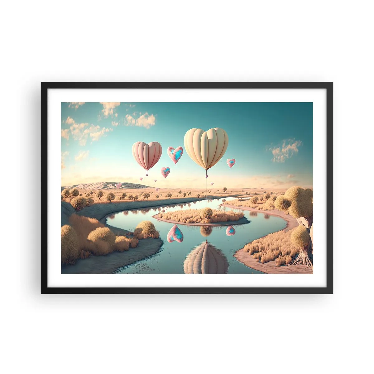 Affiche dans un cadre noir - Poster - Des ballons en forme de cœur flottant au-dessus du paysage - 70x50cm - L'amour te permet de t'élever - Décoration murale moderne pour le salon et la chambre ARTTOR
