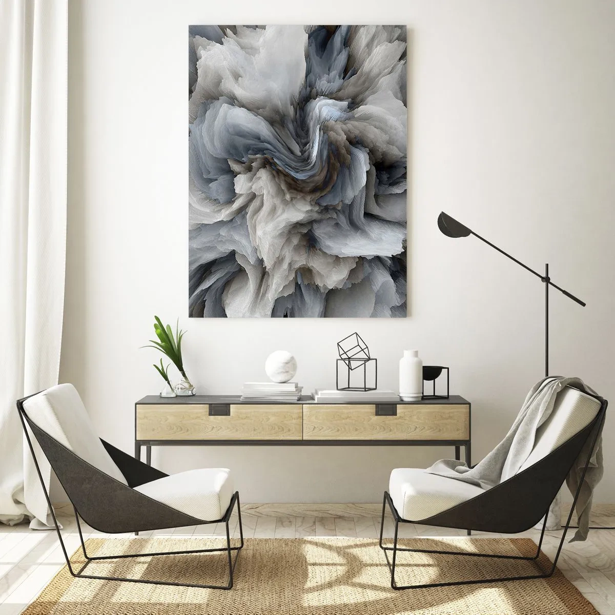Impression sur verre - Image sur verre - Tourbillon abstrait dans les tons de gris et de bleu - 70x100cm - Pierre et fleur - Décoration murale moderne pour le salon et la chambre ARTTOR