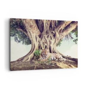 Impression sur toile - Image sur toile - Un tigre se reposant sous un arbre étendu - 120x80cm - Vue du Livre de la Genèse - Décoration murale moderne pour le salon et la chambre ARTTOR
