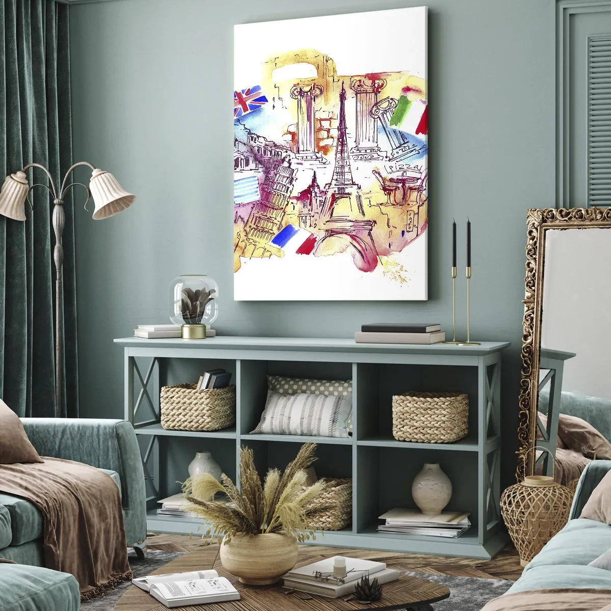 Impression sur toile - Image sur toile - Aquarelle de symboles européens avec drapeaux de pays - 50x70cm - Tournée européenne - Décoration murale moderne pour le salon et la chambre ARTTOR