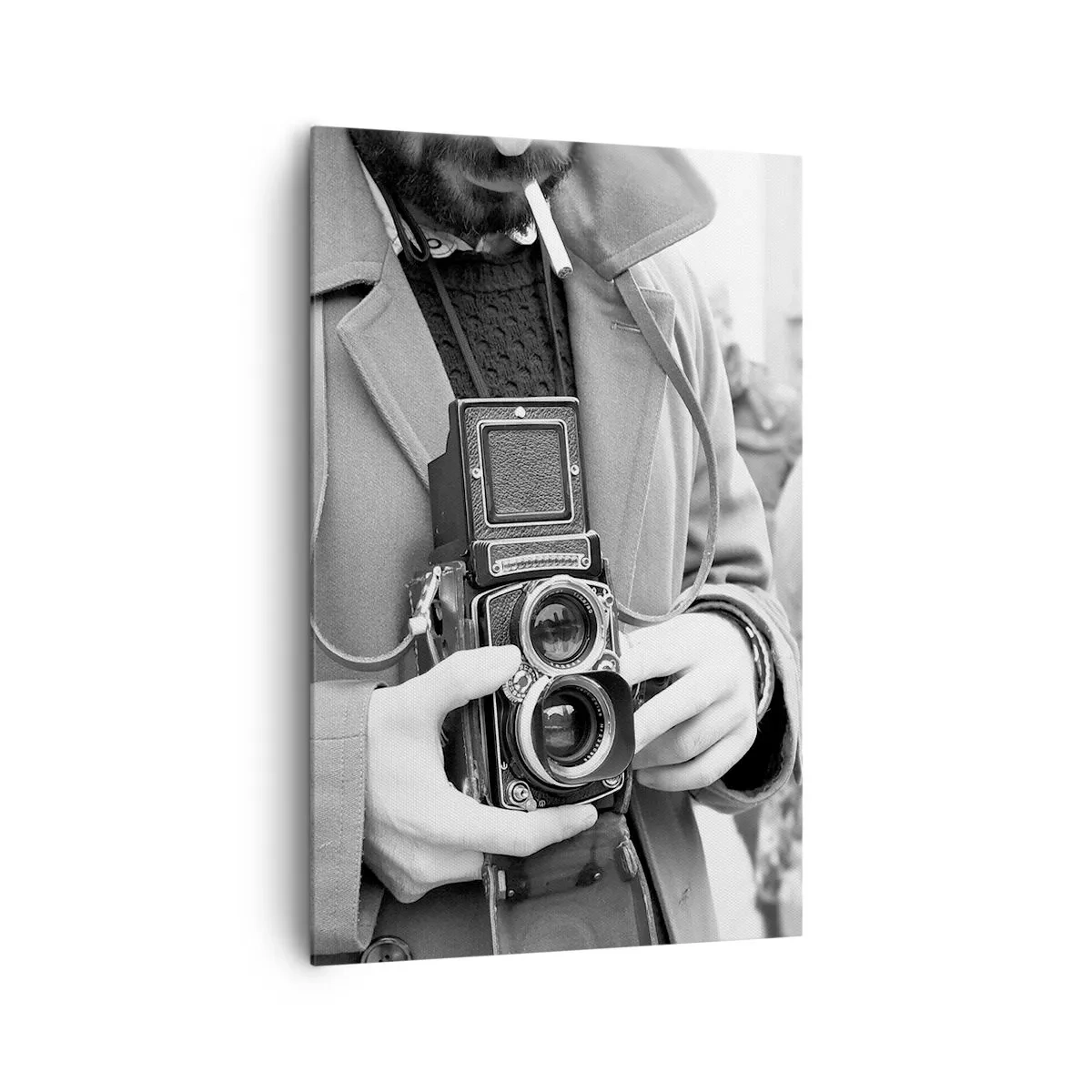 Impression sur toile - Image sur toile - Photo en noir et blanc d'un homme avec un appareil photo rétro - 80x120cm - Dans un style rétro - Décoration murale moderne pour le salon et la chambre ARTTOR