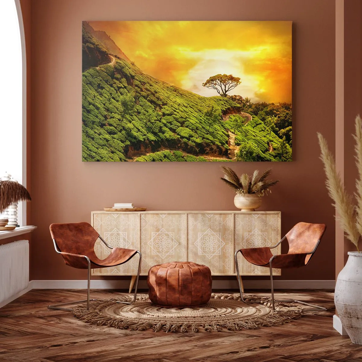 Impression sur toile - Image sur toile - Collines verdoyantes de plantations de thé au coucher du soleil - 100x70cm - Un chemin sinueux, une pente verte - Décoration murale moderne pour le salon et la chambre ARTTOR