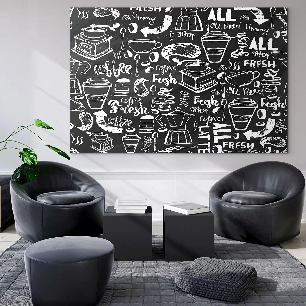 Impression sur verre - Image sur verre - Graphiques et lettrages de café sur fond noir dans un style rétro - 70x50cm - Tout ce dont tu as besoin c'est… - Décoration murale moderne pour le salon et la chambre ARTTOR