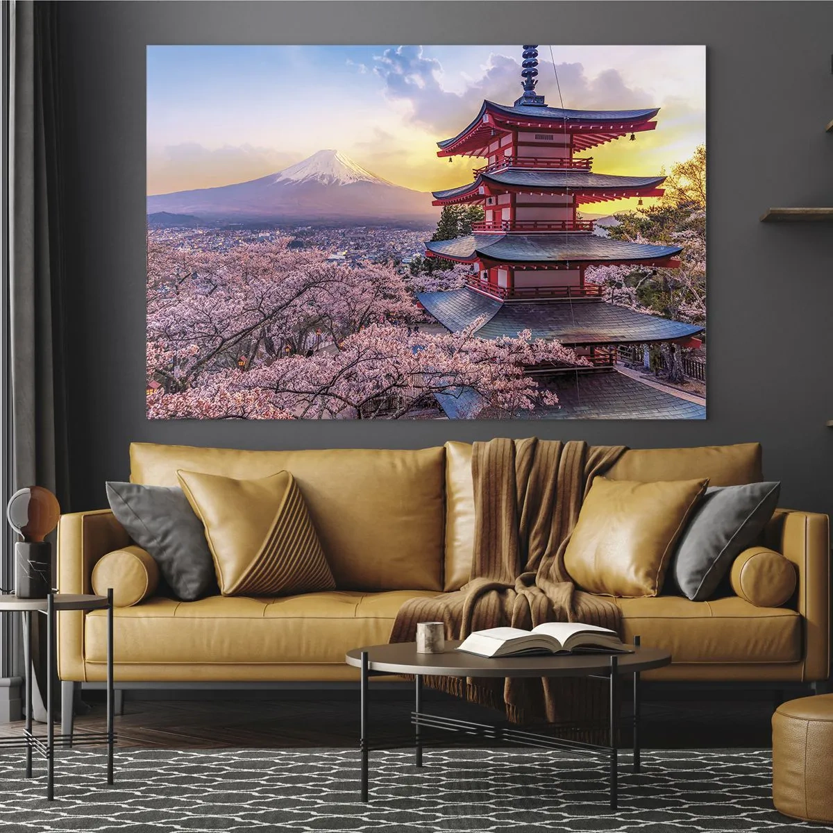 Impression sur verre - Image sur verre - Une pagode dans un paysage japonais surplombant le mont Fuji et des arbres en fleurs - 120x80cm - Essence d'âme japonnaise - Décoration murale moderne pour le salon et la chambre ARTTOR