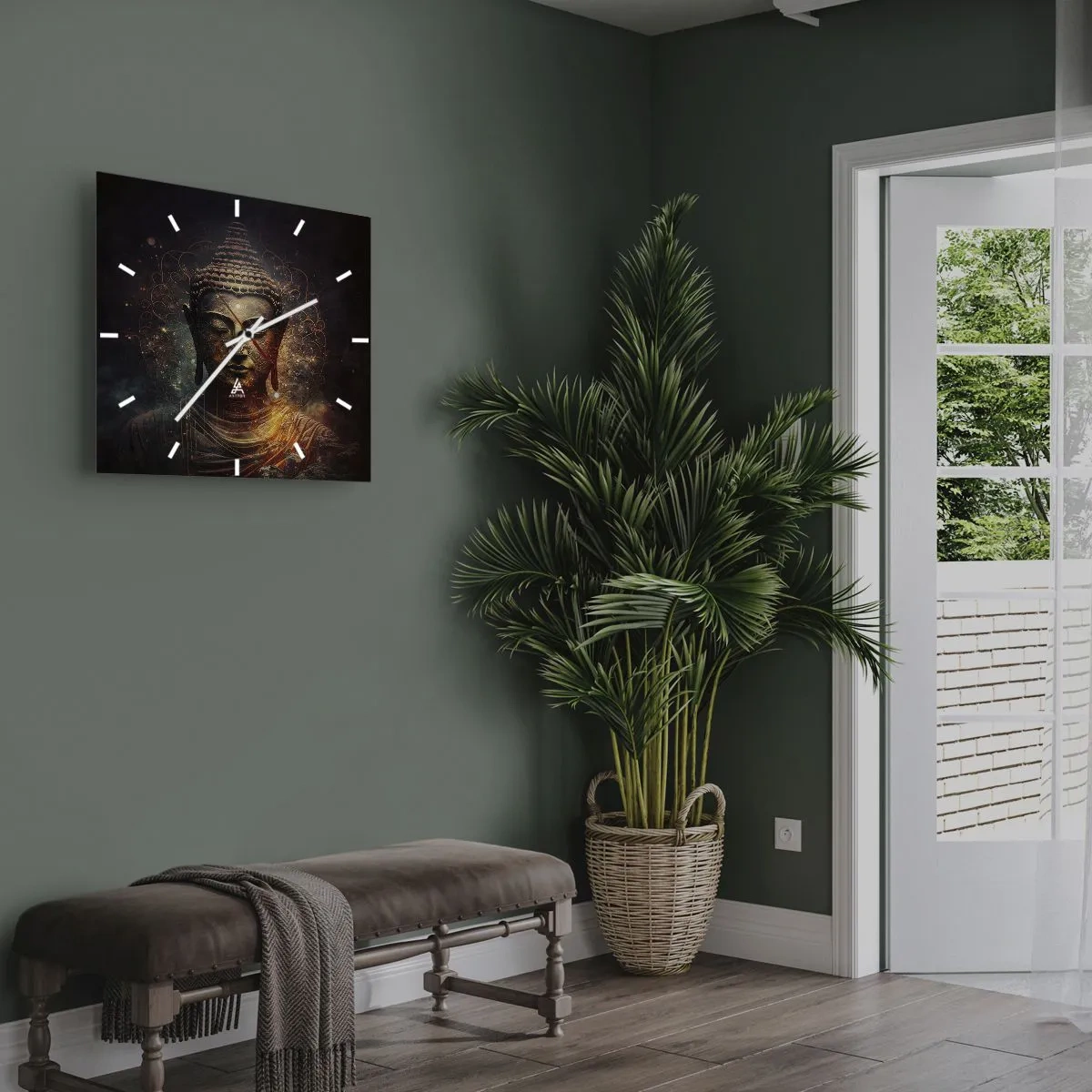 Horloge murale - Pendule murale - Bouddha doré sur fond sombre avec ornements - 30x30cm - Équilibre spirituel - Décoration murale moderne pour le salon et la chambre ARTTOR